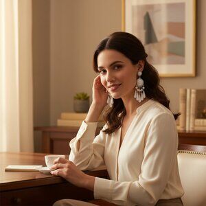 Designer Ben-Amun White Bead Resin Chandelier 31/2 inches Long Earrings